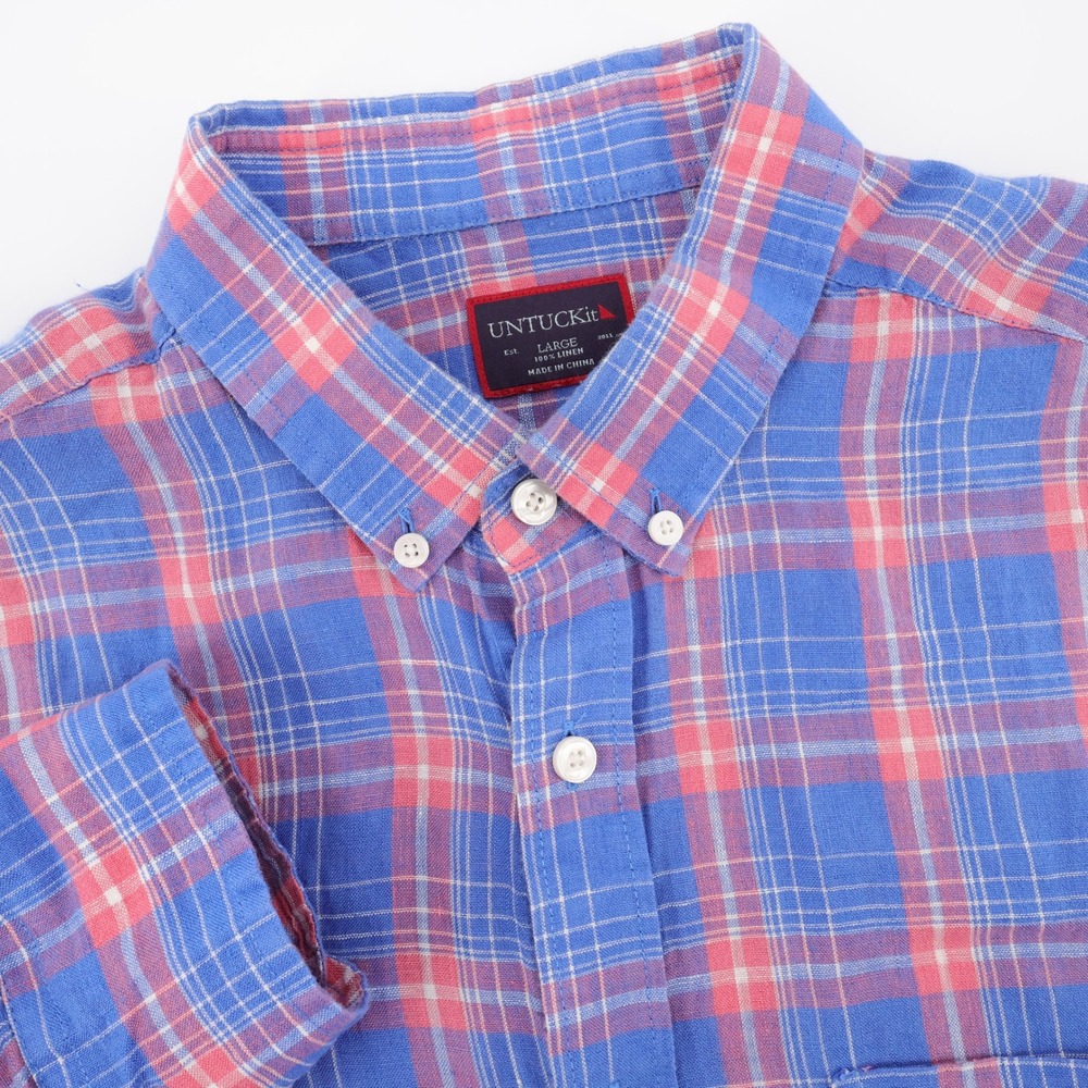 UNTUCKit Linen Plaid Button Down Shirt Blue Pink Long Sleeve Mens Large